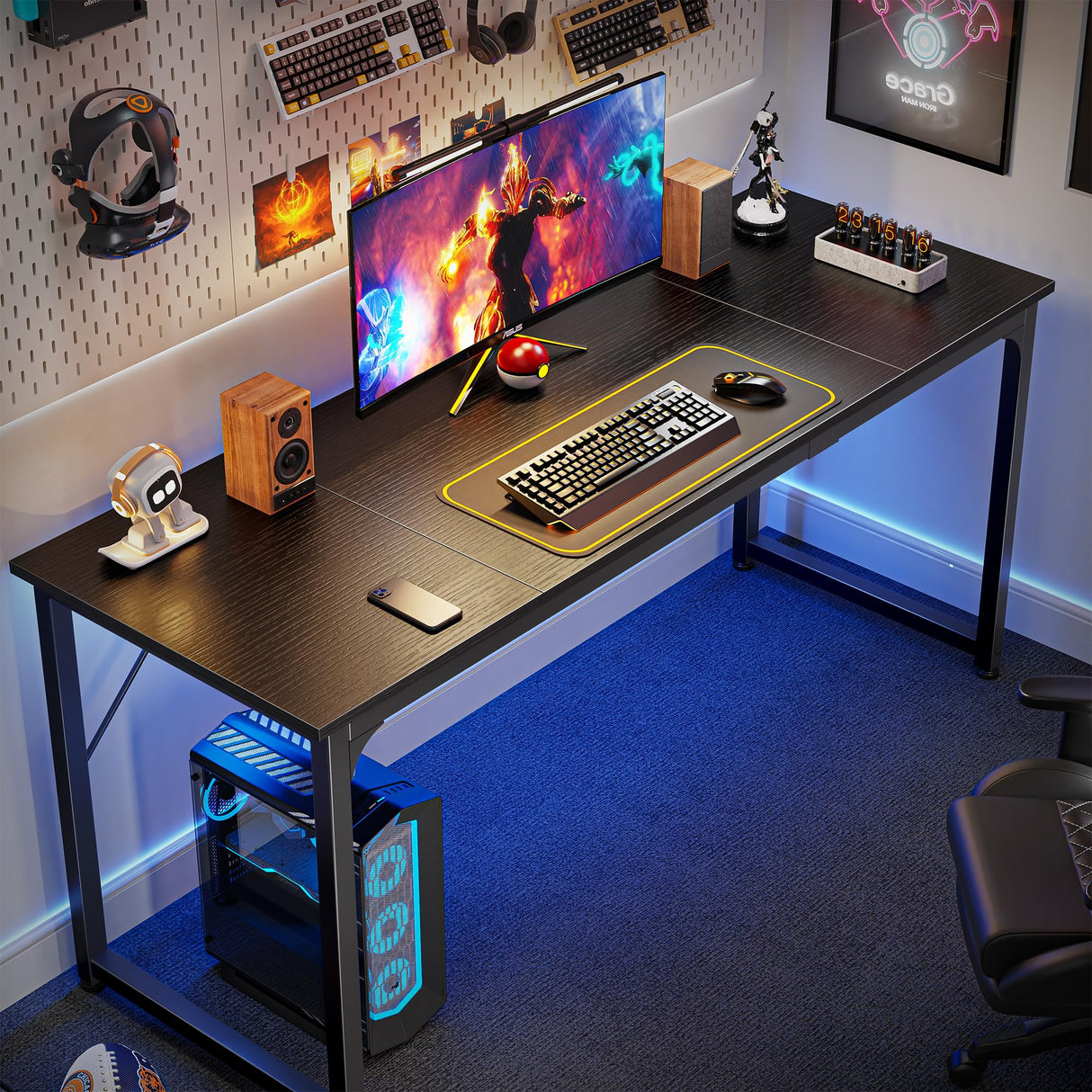 Huuger Modern Simple Office Desk, 63 Inch, Gaming & Writing Desk with Storage, Large Legroom, Metal Frame, Black Huuger