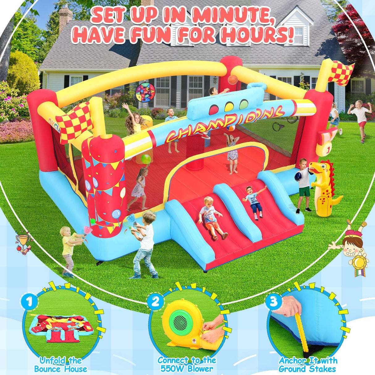WHUBEFY Bounce House, Large Inflatable Obstacle Bouncy House with Big Jumping Area for Kids 3-12, Double Basketball Hoops & Bouncer Slides, Ball Pits, Throw Ball Game, Jump House 550W Blower Included Whubefy
