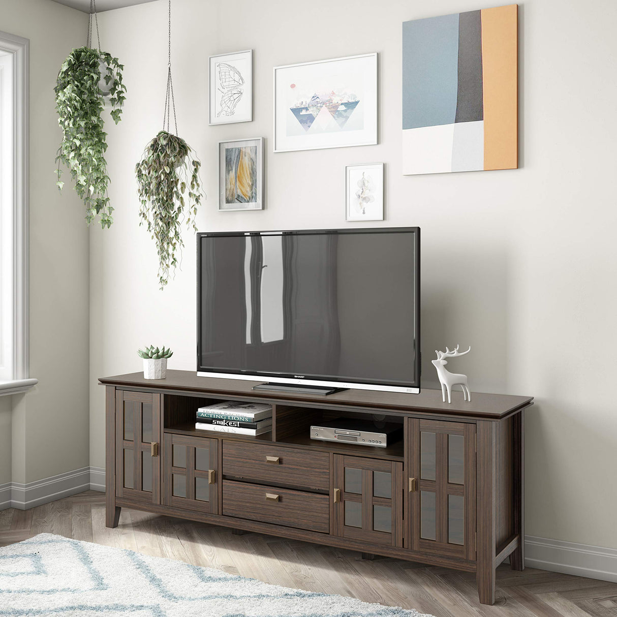 SIMPLIHOME Artisan SOLID WOOD Universal TV Media Stand, 72 inch Wide, Transitional, Living Room Entertainment Center, Storage Cabinet, for Flat Screen TVs up to 80 inches in Farmhouse Brown SIMPLIHOME