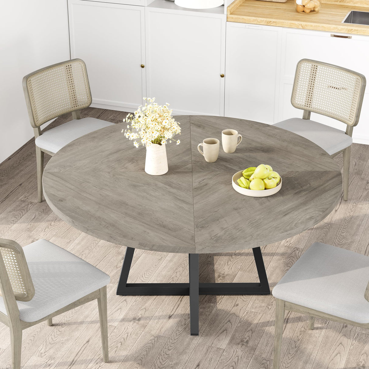 GarveeHome 47-inch Round Large Dining Table, Wooden Kitchen Table for 4, Industrial Dinner Table with Wooden Top and Metal Base for Home Dining Room or Living Room - Grey(Only Table) GarveeHome