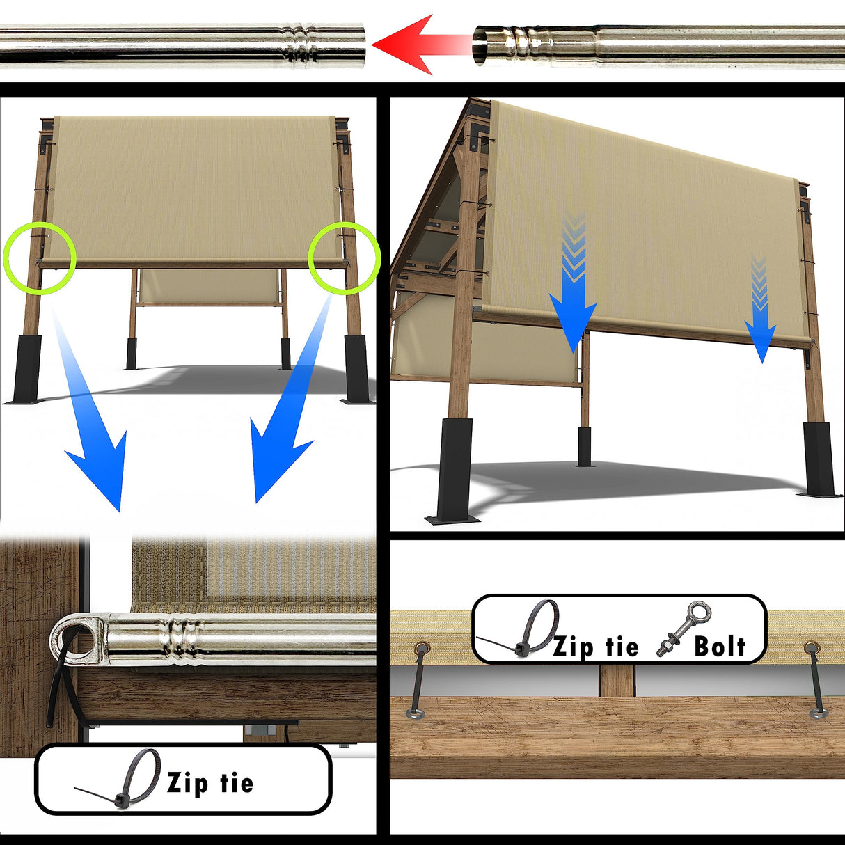 Royal Shade 8' W x 16' L Grey Pergola Sun Shade Canopy Replacement Cover, Commercial Grade 260 GSM Cloth for Outdoor Patio, includes Stainless Steel Weighted Rods (We Make Custom Size) Royal Shade