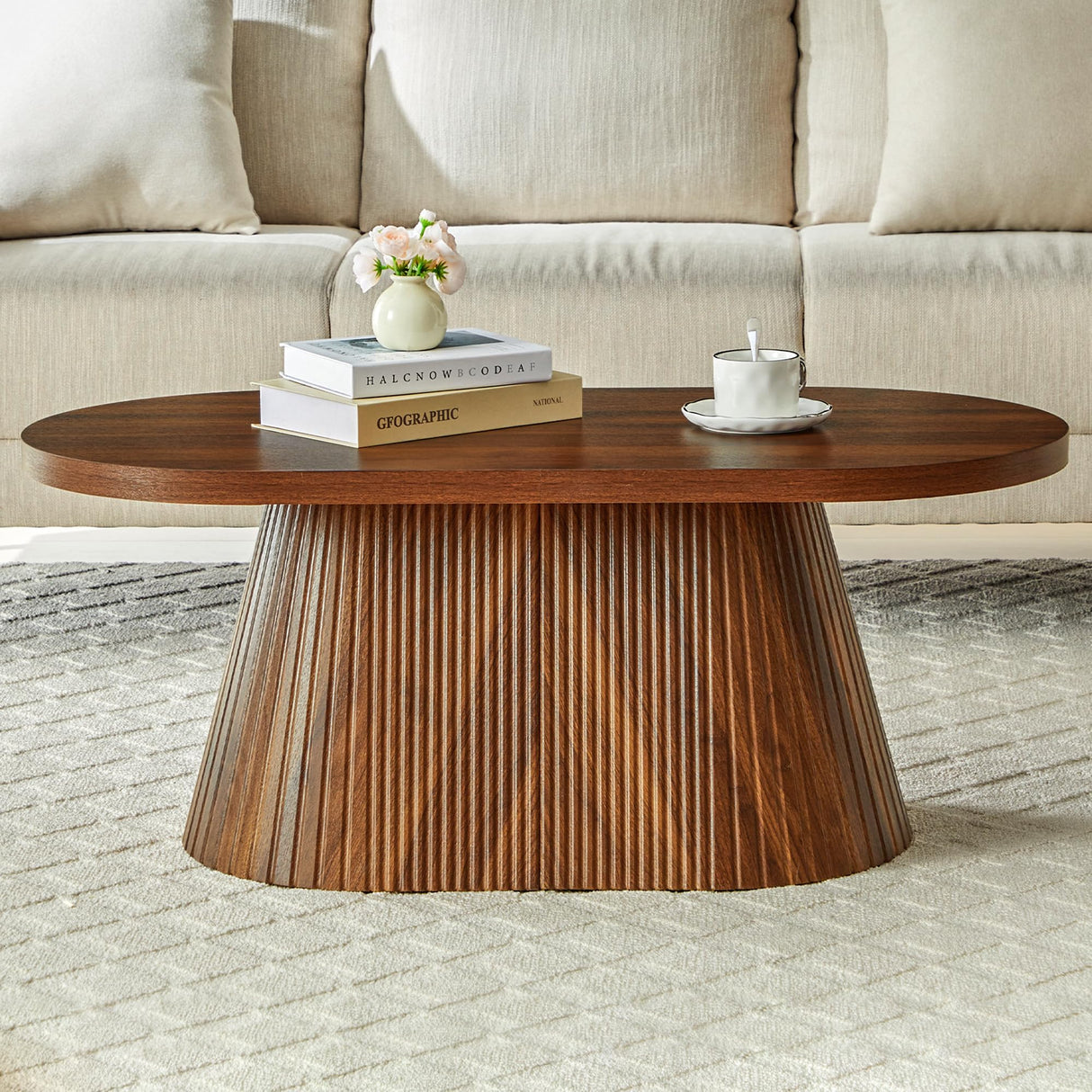 Fluted Coffee Table with Sturdy Tapered Base, Wood Oval Small Coffee Table, Mid Century Modern Center Table for Living Room Office (Walnut 1) FurSch