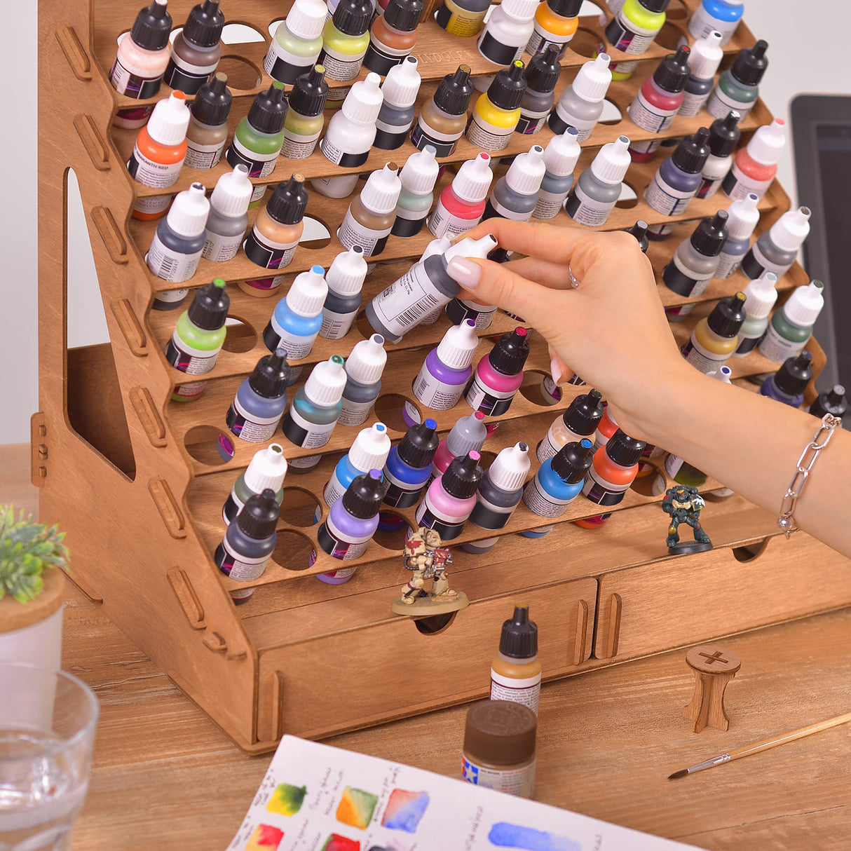 Plydolex Paint Organizer for 105 Paint Bottles and 14 Brushes - Paint Holder with 6 Miniature Stands - Paint and Brush Storage for Miniature Paints Plydolex
