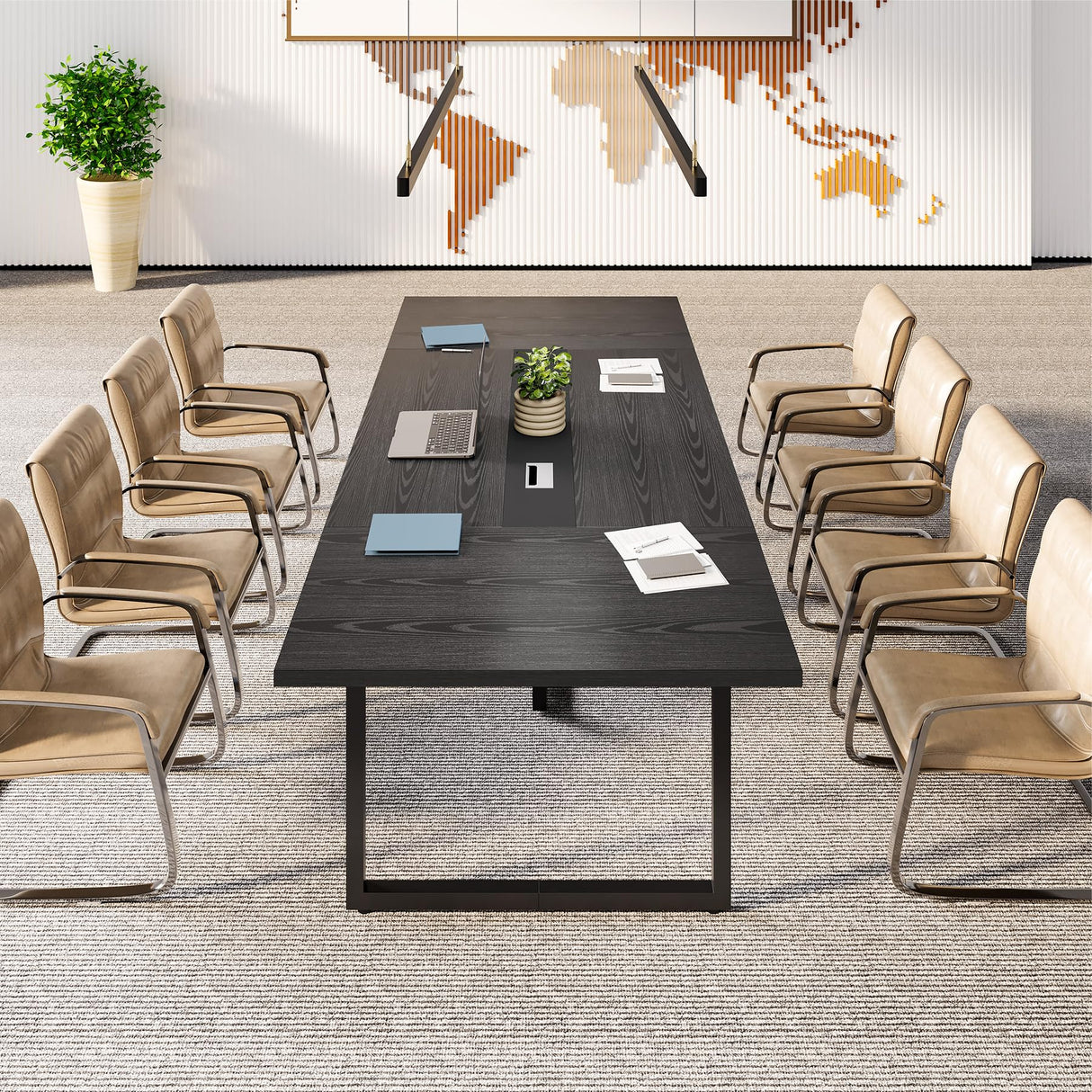 LITTLE TREE 8FT Conference Table for 10 People, Large Meeting Table, Modern Wooden Conference Room Table with Cable Management, Business Training Table with Strong Metal Legs for Office, Black LITTLE TREE