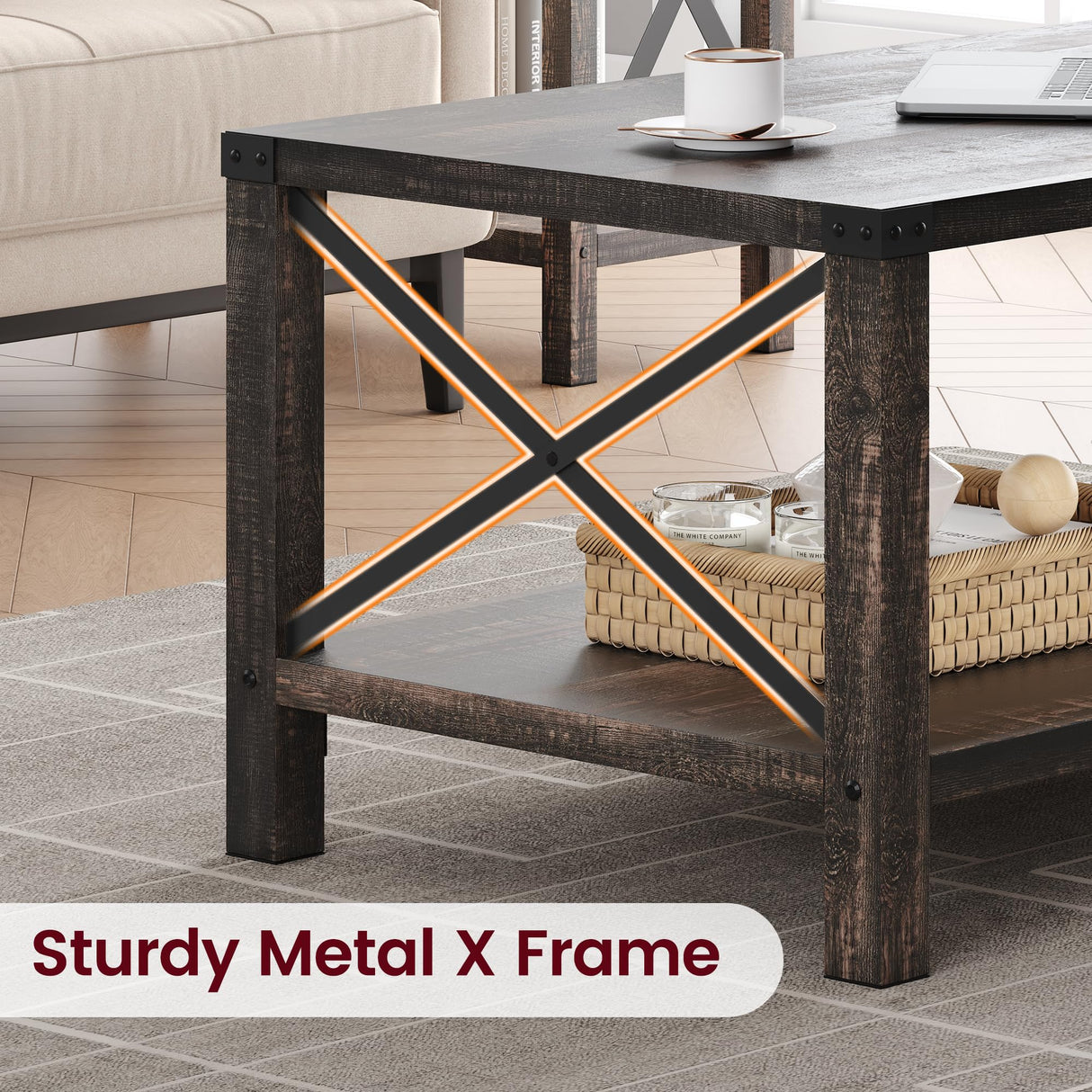 IDEALHOUSE Farmhouse Coffee Table 2-Tier Rustic Center Table Living Room Rectangle Cocktail Table Vintage Wood Look Tea Table with Shelf and X Metal Frame, Easy Assembly IDEALHOUSE