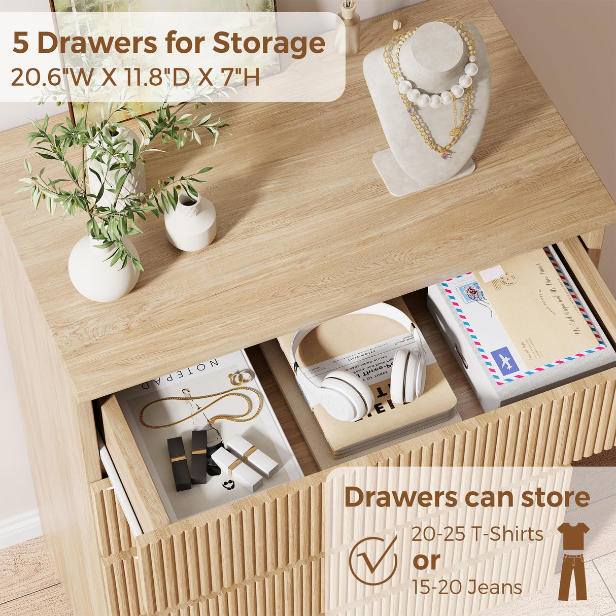 Jocoevol Fluted 5 Drawer Dresser, 43" Tall Dresser Chest of Drawers Curved Profile Design, Wood Mid Century Vertical Dresser Natural Texture for Bedroom, Oak Dresser Jocoevol