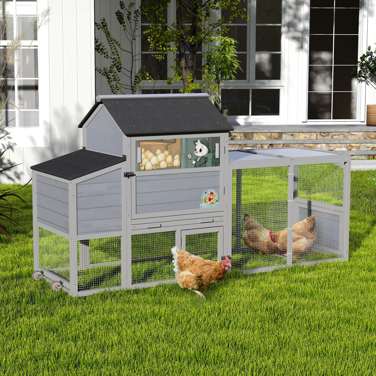 COZIWOW 82" Large Wooden Chicken Coop, Outdoor Rabbit Hutch with Wheels, Sunshine Board, Asphalt Roof, Ramp, Openable Top, Door, Window, Pull-Out Tray, Indoor Bunny Cage (Gray with Pattern) COZIWOW