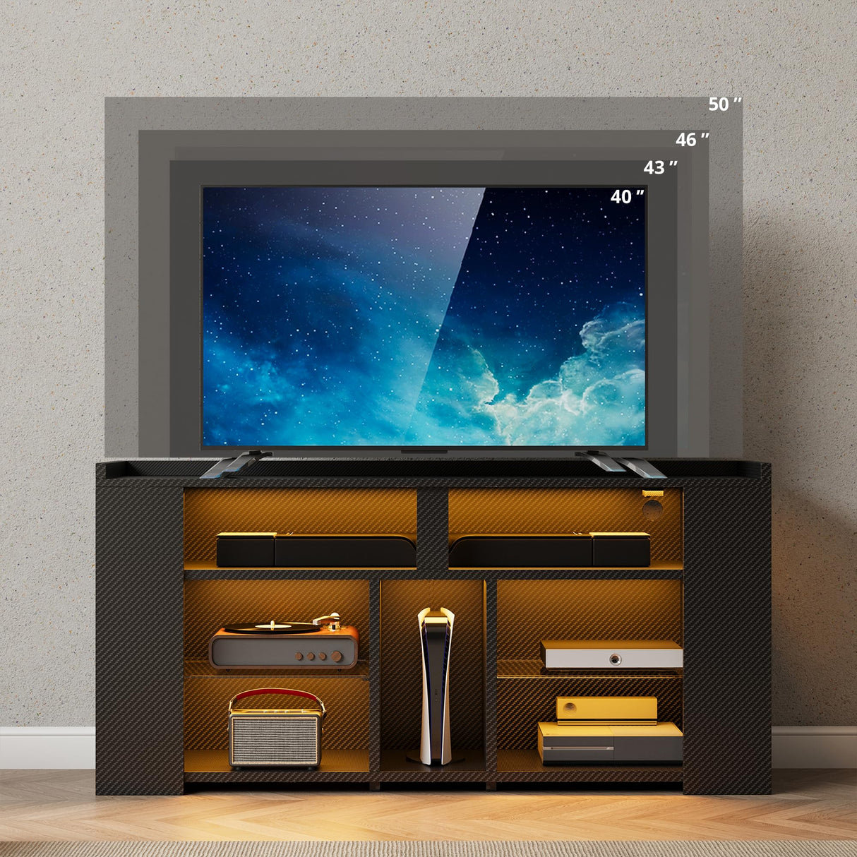 IRONCK Entertainment Center with Storage, 47 Inch Tall TV Stand W/Power Outlet, LED Gaming TV Cabinet for PS4, Black TV Stand with Carbon Fiber IRONCK