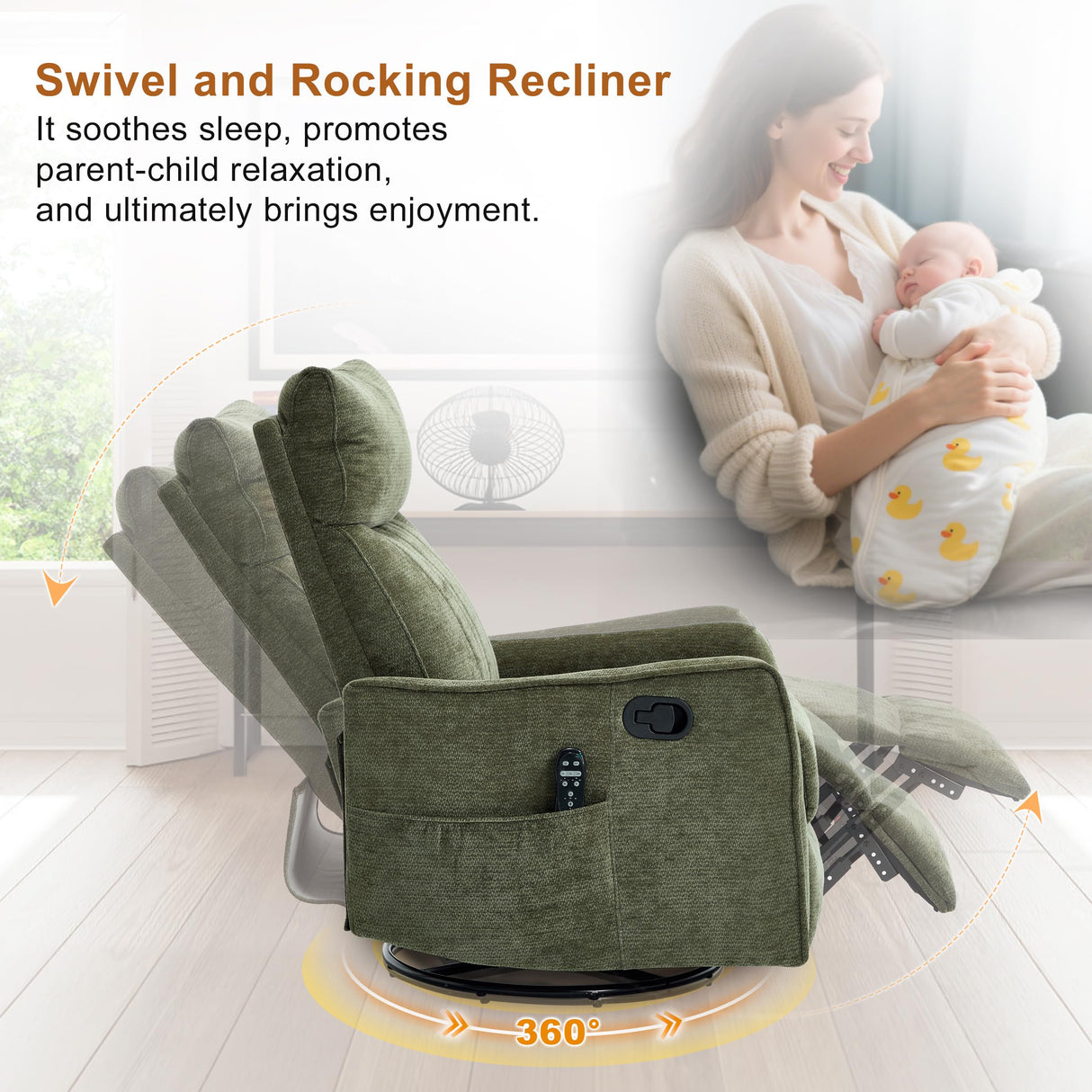 Manual Swivel Rocker Recliner Chair for Adults, Overstuffed Glider Chair for Nursery with Massage and Heat, Living Room Reclining Chair, Fabric Green Luxlen