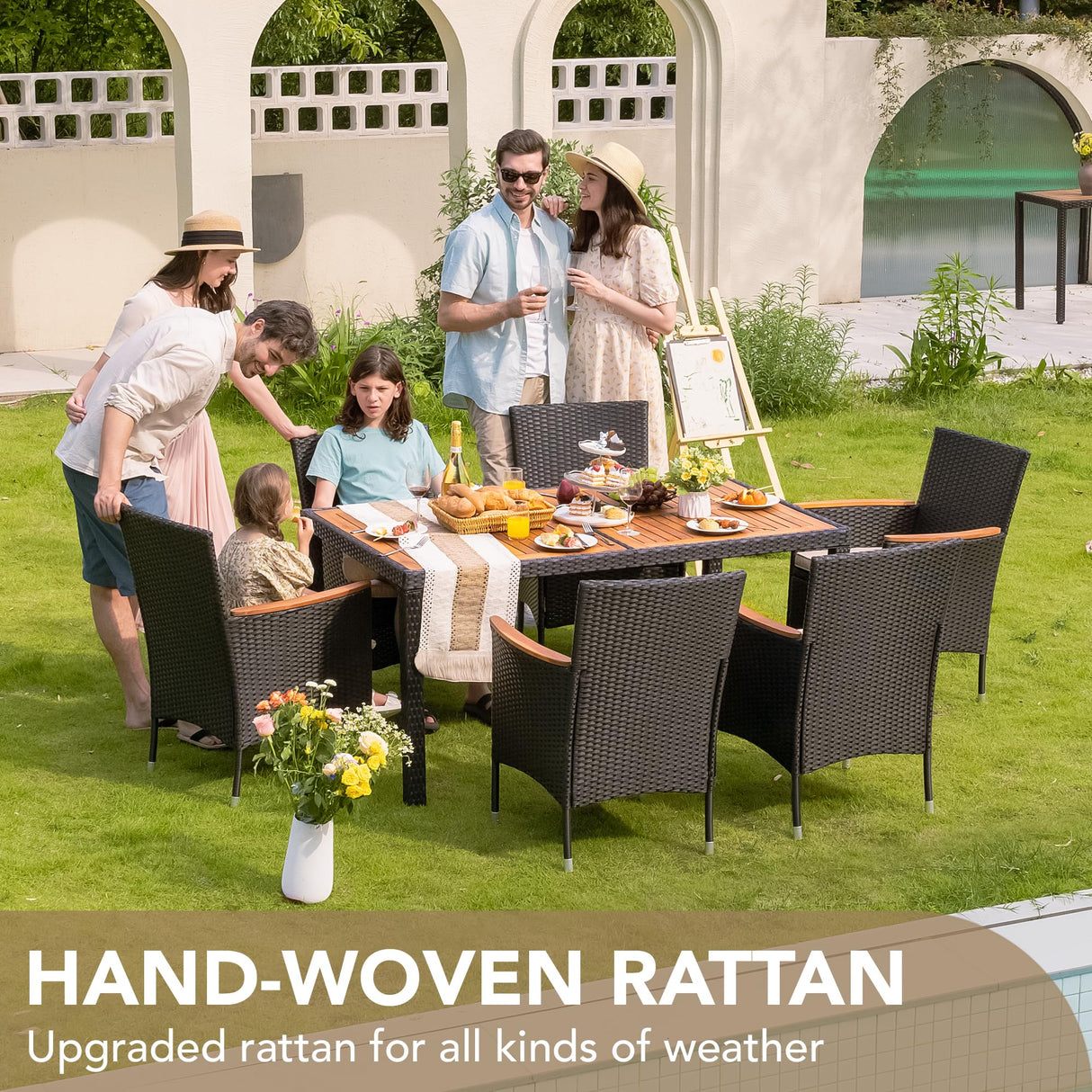 Devoko Dining 7 PCS Furniture, Patio Conversation Set with Acacia Wood Table Top, Rattan Outdoor, Black Devoko