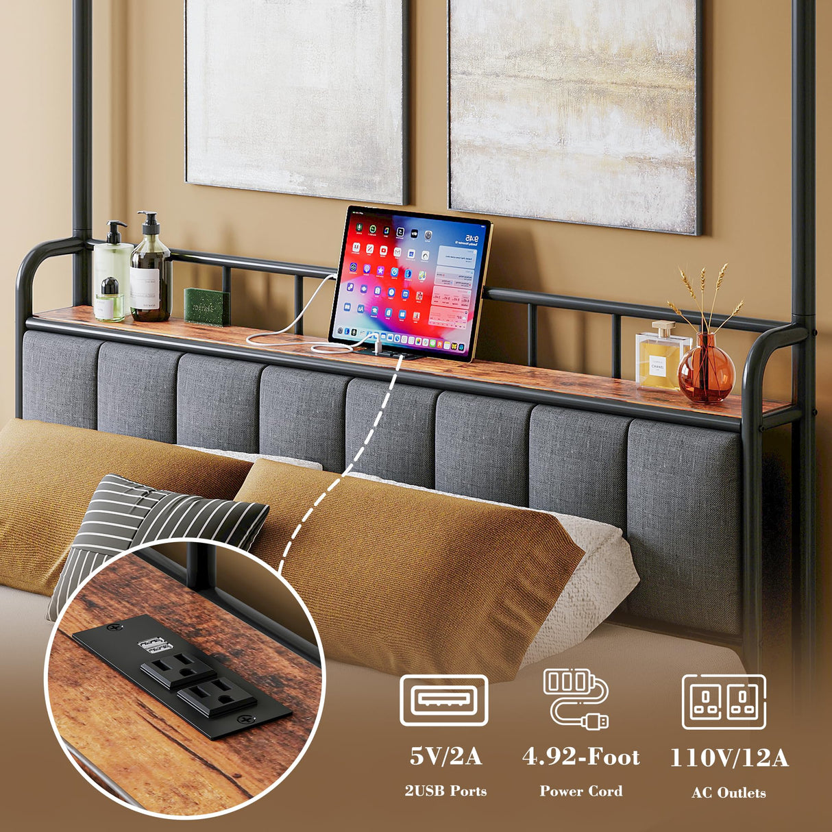LIKIMIO Canopy Bed Frame Full, Storage Headboard with Charging Station, Platform Bed with 4 Removable Sturdy Posts, Noise Free, No Box Spring Needed, Vintage Brown LIKIMIO