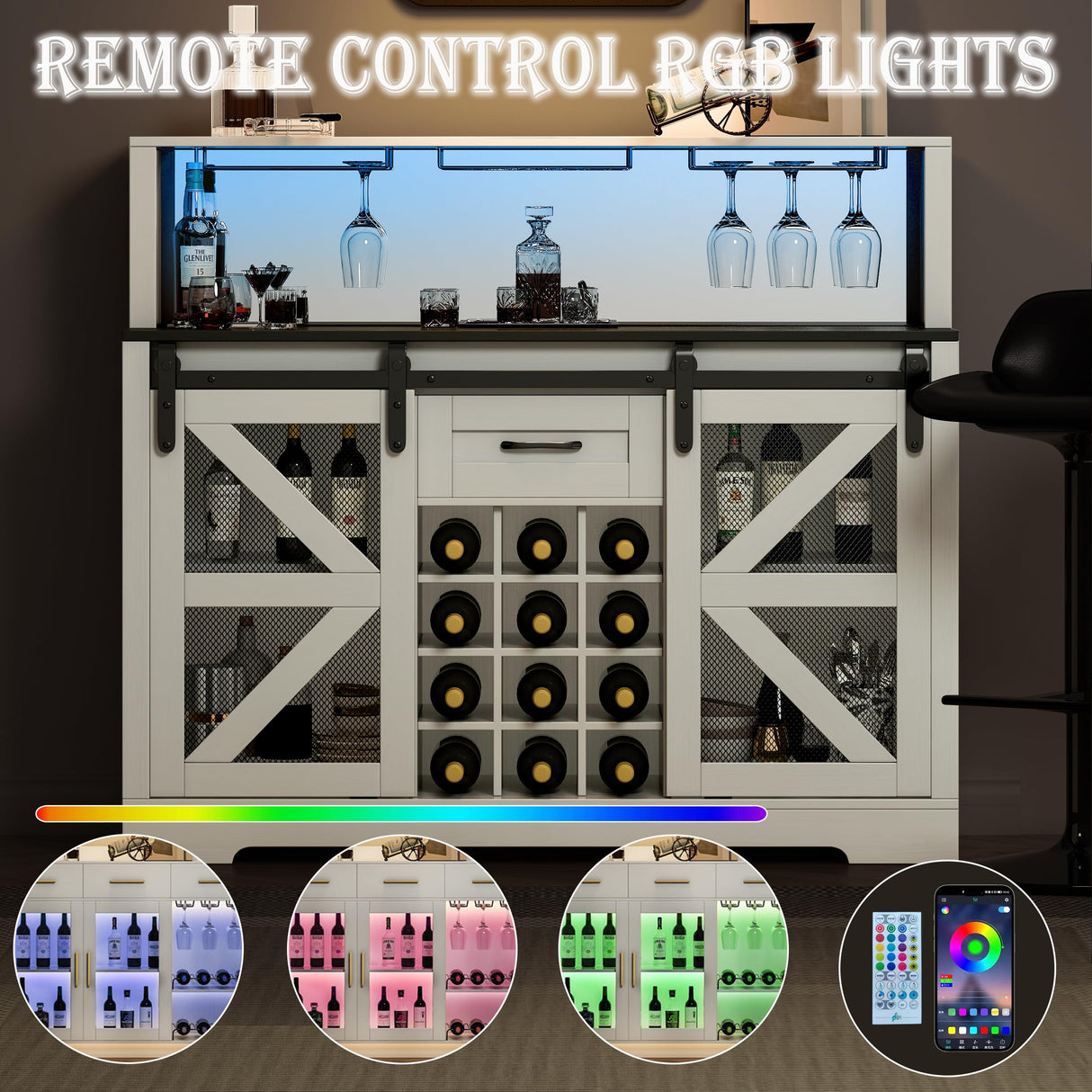 Wine Bar Cabinet with LED Strip, 48" Farmhouse Wine Cabinet with 12 Wine Racks and Power Outlet, Sliding Barn Door, Liquor Cabinet with Adjustable Shelf for Dining, Living Room wanan