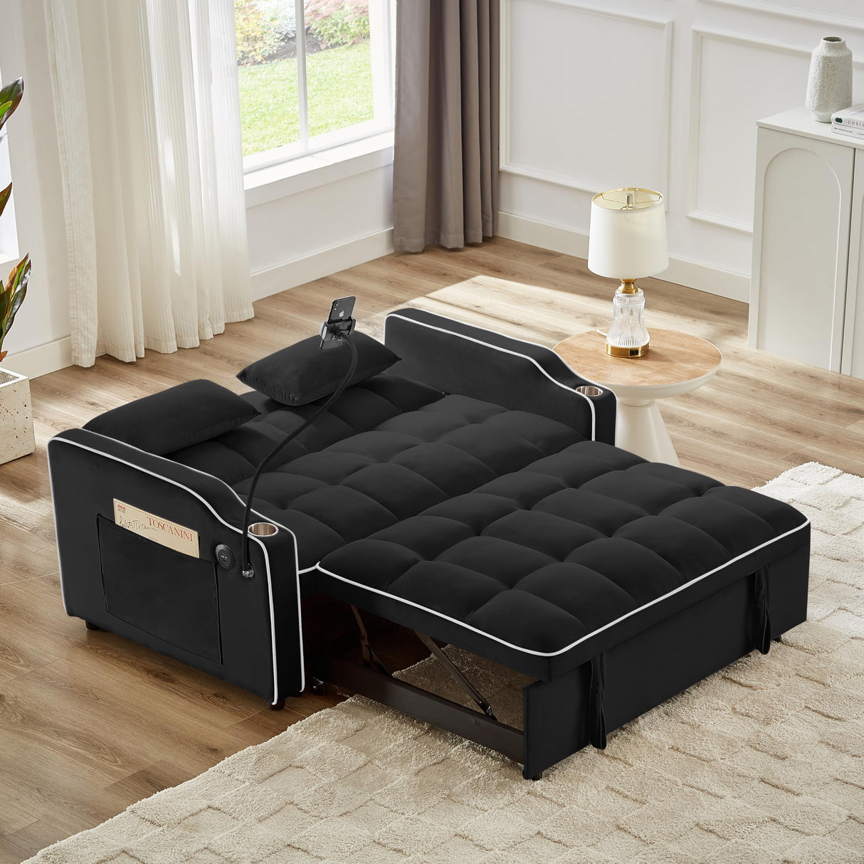 KEIKI 55" Velvet Convertible Loveseats Pull-Out Sleeper Sofa Bed with Adjsutable Back, 2 Arm Pocket, USB, 2-Seater Couch with Ashtray and Swivel Phone Stand, Easy Assembly, for Living Room, Black KEIKI