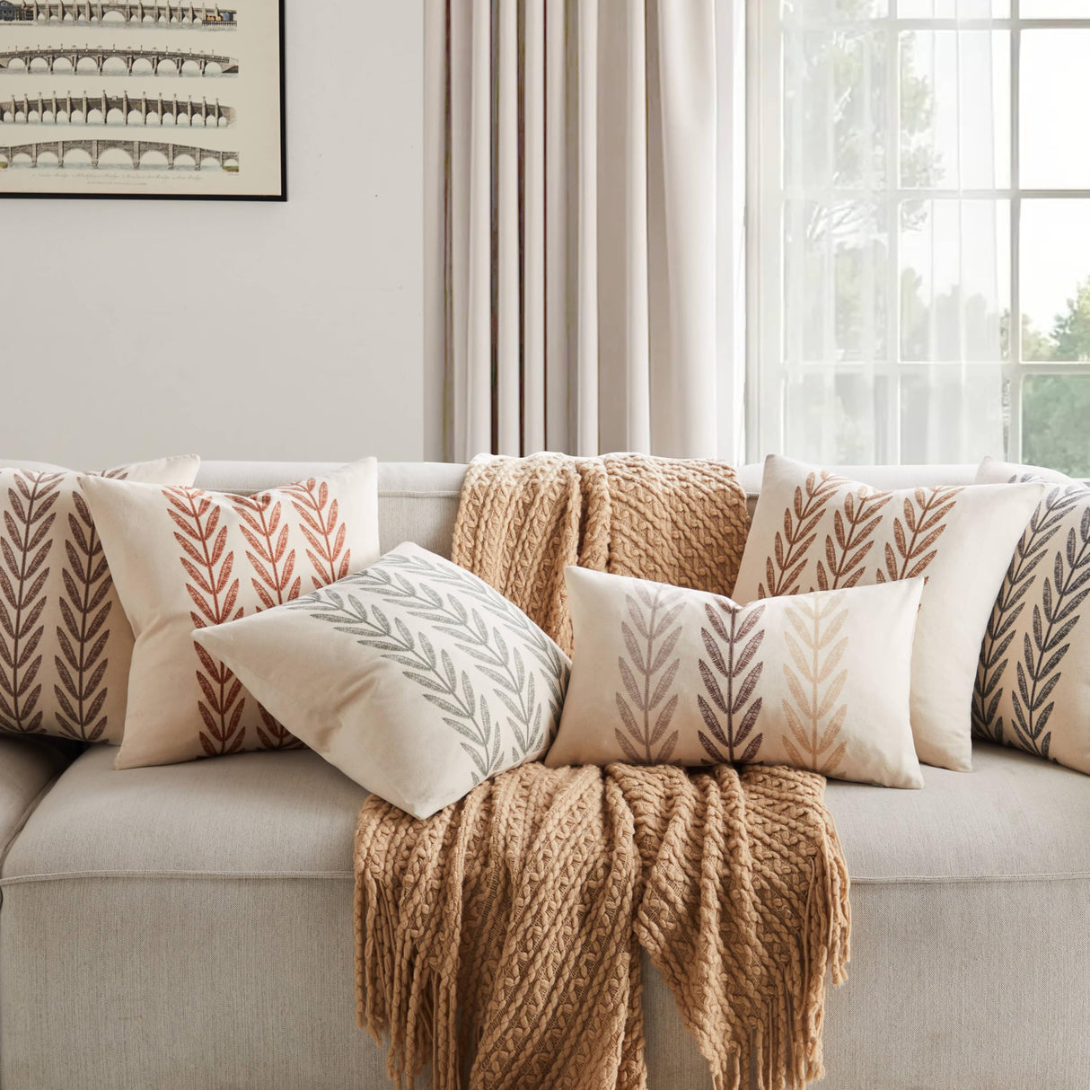 YZJZEDS 100% Cotton Farmhouse Leaves Throw Pillow Covers Set of 2, 18x18 Inch Mixed Beige Pastoral Decorative Print Cushion Covers for Sofa Bed Living Room Home Decor YZJZEDS