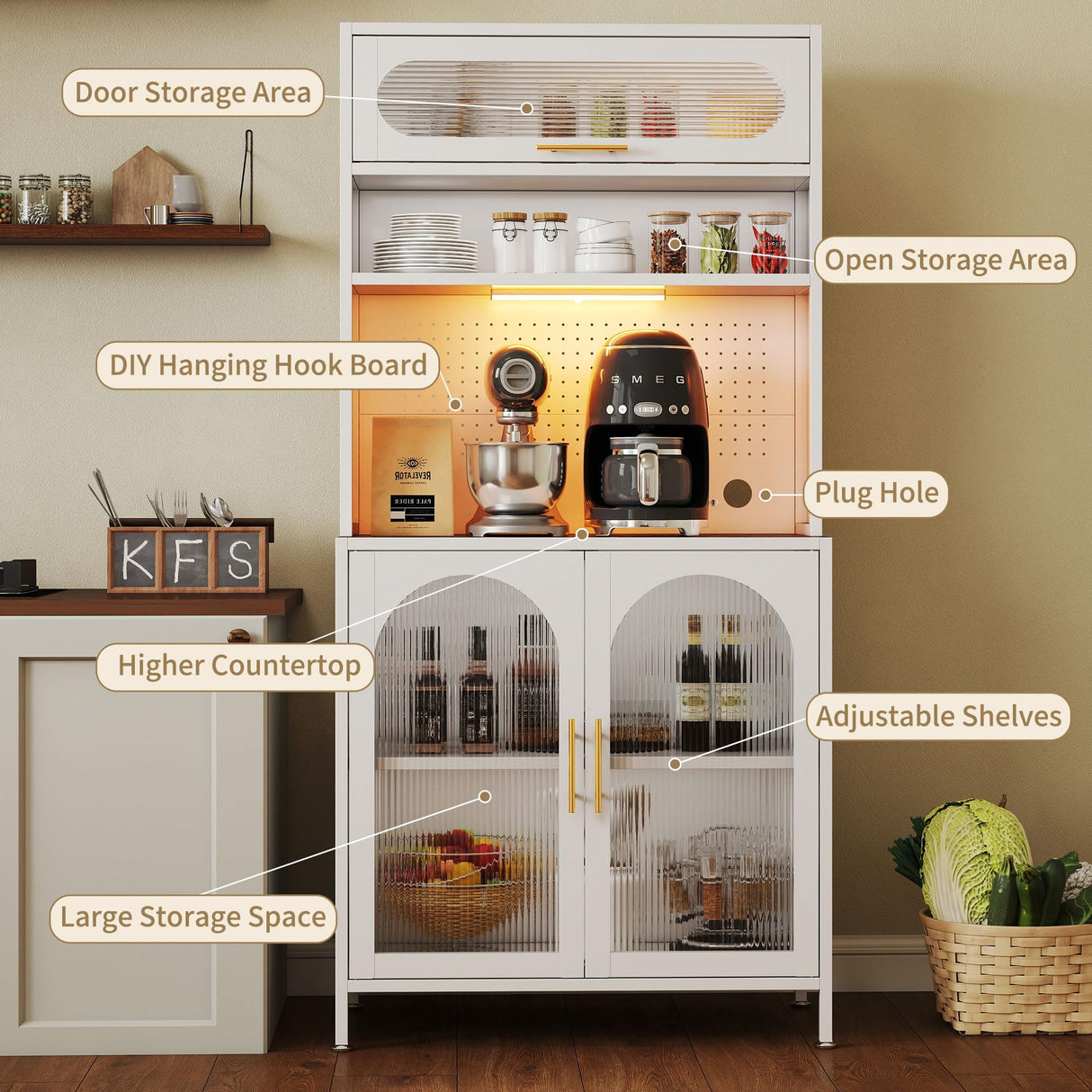 BECHEAO 66" Tall Kitchen Pantry Cabinet with LED Sensor Light, 5 Tier Metal Food Storage Cabinet with Adjustable Shelves, Hutch Cabinet Rack for Kitchen Living Dining Room, White BECHAEO