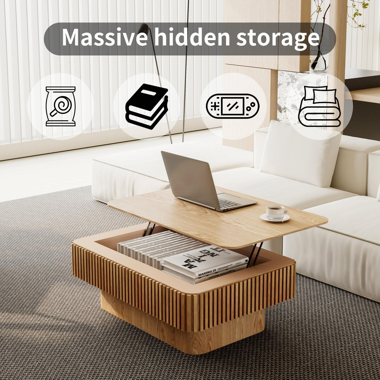 38.6" Square Lift Top Coffee Table, Modern Fluted Tea Table with Hidden Storage for Living Room, Apartment or Office, Natural Wood KIGFTSOD