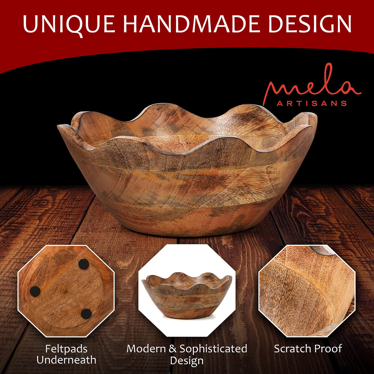 Mela Artisans Wooden Scalloped Bowl - Medium | Ruffle Decorative Style | Rustic Kitchen Decor | Mango Wood | Natural Grain Finish | Fits Bread, Fruits, Salad or Popcorn | 10” x 4” x 9” Mela Artisans