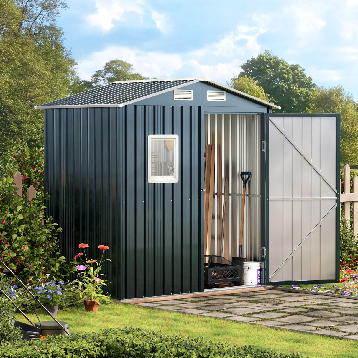 MistMo 6X4X6.5 FT Compact Vertical Outdoor Steel Storage Shed with Lockable Doors, Ideal for Garden, Backyard, and Patio Utility and Small Tool Storage,Bike Shed, Garbage Can, Chicken Coop Mistmo