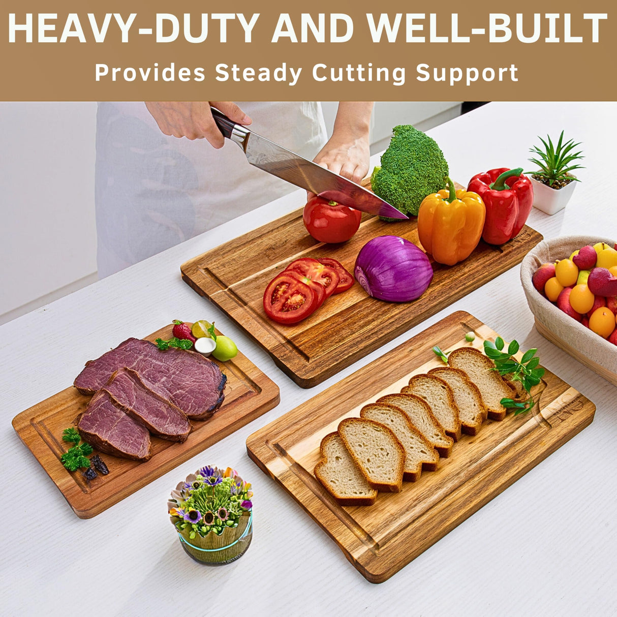 Acacia Wooden Cutting Boards for Kitchen (3 Pcs) - Acacia Wood Cutting Board Set with Deep Juice Groove and Handles, Chopping boards for kitchen, Meat, Vegetables and Cheese NobleSelect