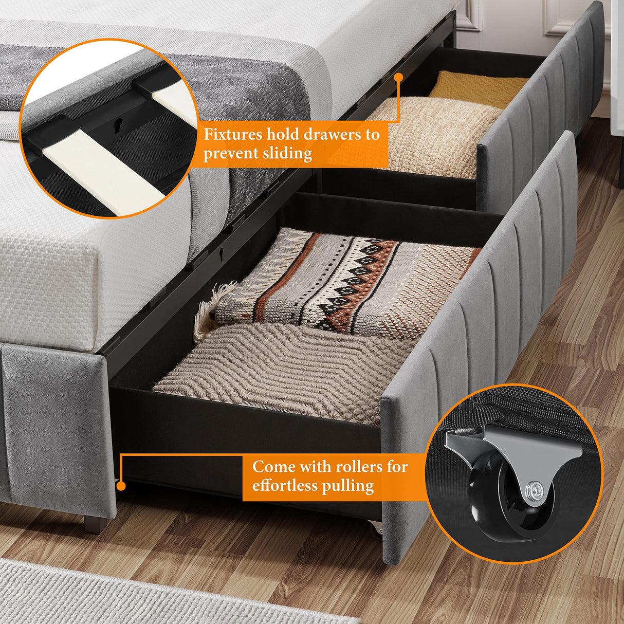 Yaheetech Dark Grey Upholstered Queen Bed with 4 Storage Drawers and No Fixed Headboard Yaheetech