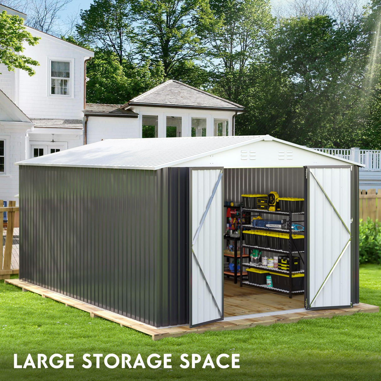 Polar Aurora 10x14 FT Outdoor Storage Shed, Metal Garden Shed with Updated Frame Structure, Tool Sheds for Backyard Garden Patio Lawn White Polar Aurora