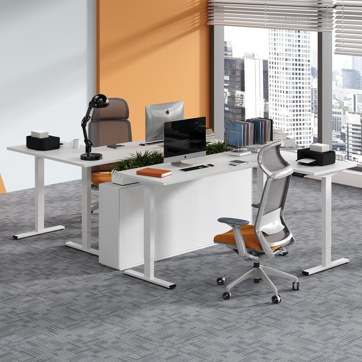 SANODESK L Shaped Standing Desk, Electric Standing Gaming Desk Adjustable Height, Corner Stand up Desk with Splice Board, White SANODESK