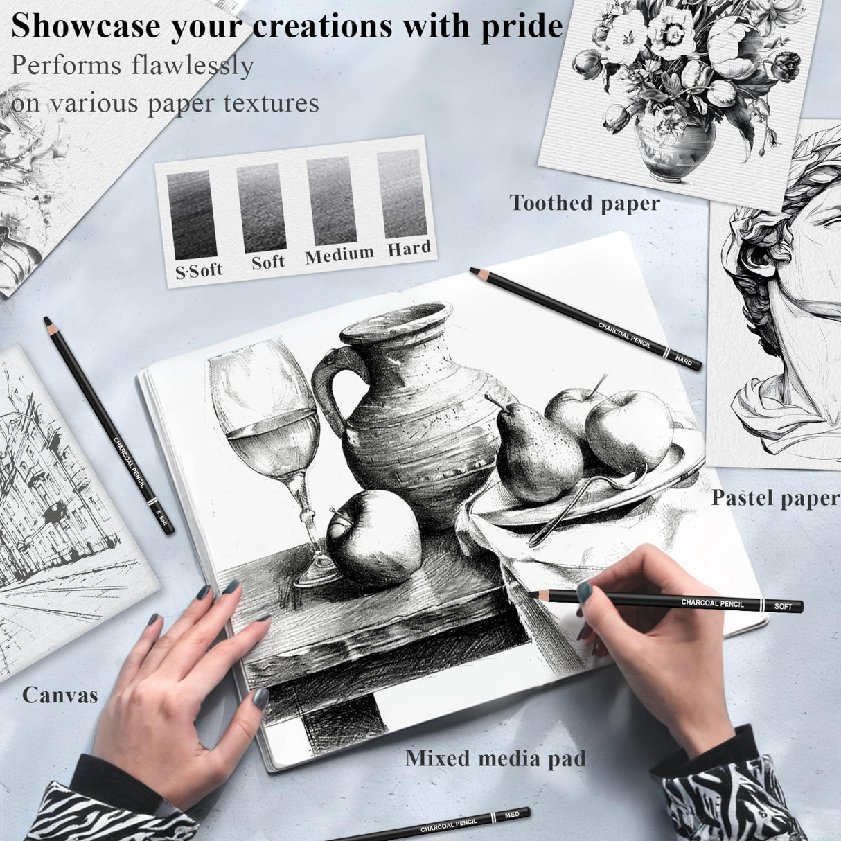 Charcoal Pencils for drawing, Set of 12, Charcoal Drawing Pencils (S-Soft, Soft, Medium, Hard), Art Supplies for Artist, Sketching, Shading Aenir