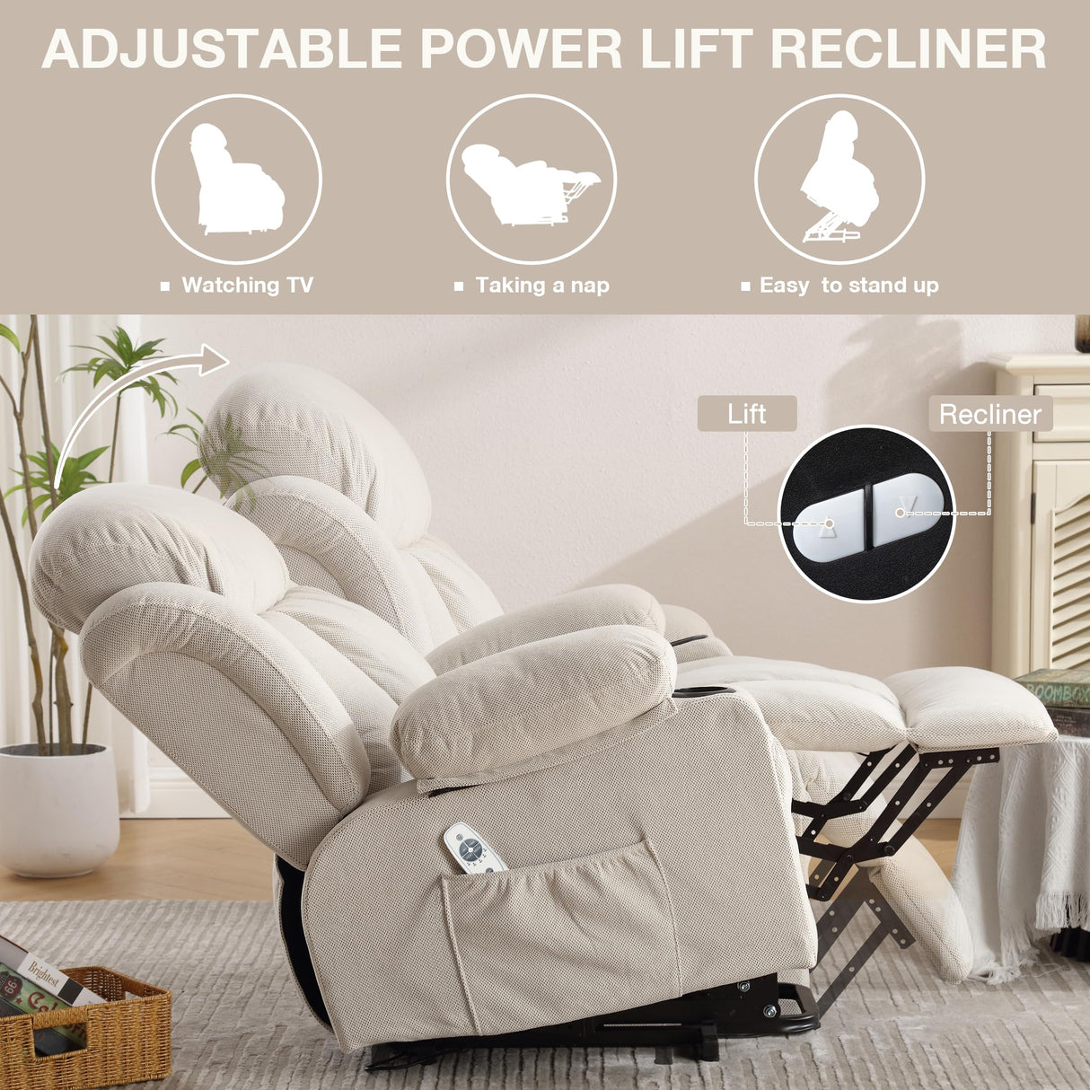 BOSMILLER Power Lift Recliner Chair with Heat and Massage Electric Fabric Recliner Chair for Elderly with Side Pocket, USB Charge Port, Remote Control for Living Room (Cream) BOSMILLER