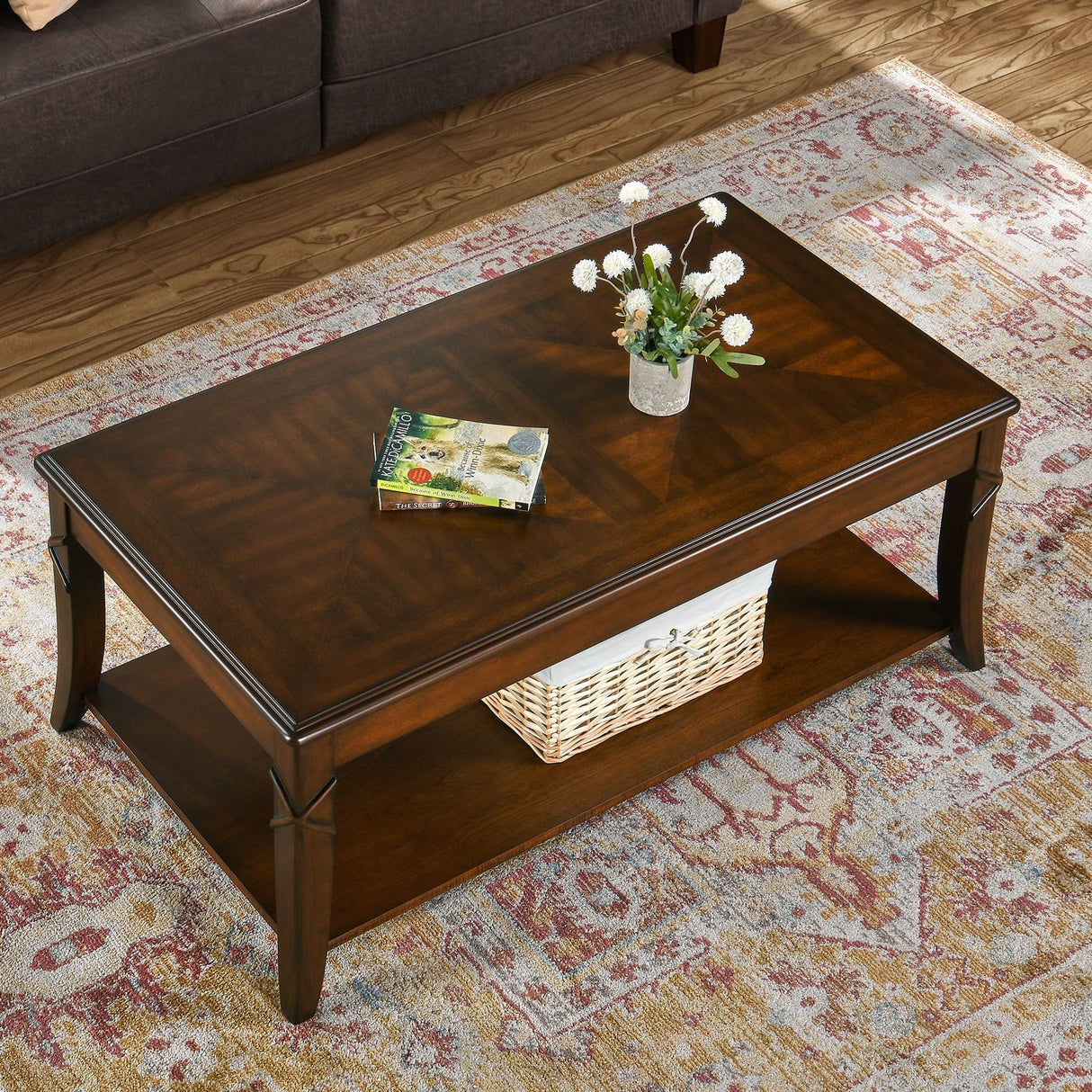 MODERION Solid Wood Coffee Table with Storage Shelf, Mid-Century Living Room Table with Wood Carved Tabletop and Leg, 43.3” Splicing Cocktail Center Table,Easy Assembly, Cherry Brown KFZ-DR200 MODERION