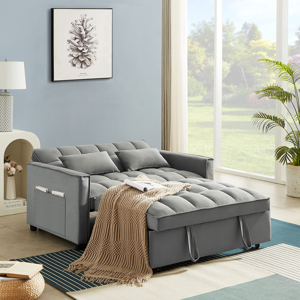 Alberobelo Convertible Sleeper Sofa Bed, Modern Chenille 3-in-1 Futon Couch Pullout Bed with Adjustable Backrest, Storage Pockets and Toss Pillows, Sofa Bed Couch for Living Room, Bedroom, Gray Alberobelo