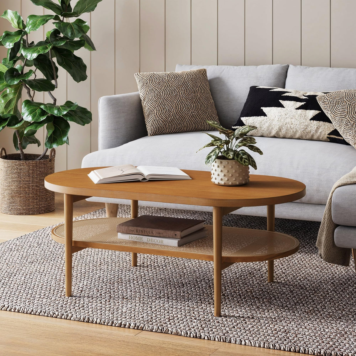 Sonia Bohemian 2-Tier Oval Coffee Table, Living Room Cane Table with Storage Shelf and Mid-Century Legs in Honey Brown Wood with Rattan Accent Nathan James