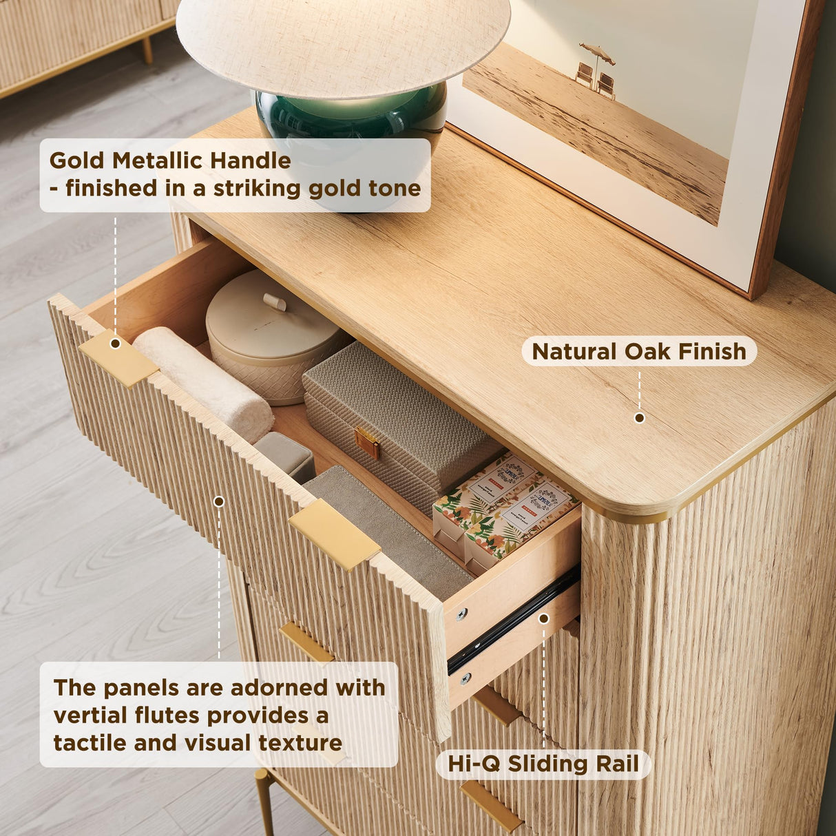 T4TREAM Fluted 5 Drawers Dresser for Bedroom, 48" Tall Modern Dresser Chest of Drawers, Gold Accents, Fluted Fronts, Wood Storage Dressers Organizer for Bedroom, Living Room, Natural Oak T4TREAM