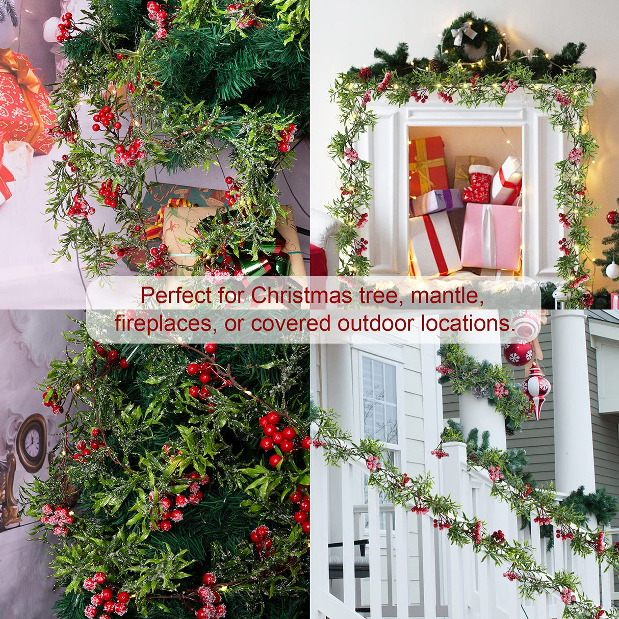 5.9FT Artificial Christmas Garland String Lights with 162 Snowy Red Berries 55 Green Leaves 20 LED Lights Battery Operated for Xmas Mantle Indoor Outdoor Holiday Christmas Thanksgiving Decoration LAWOHO