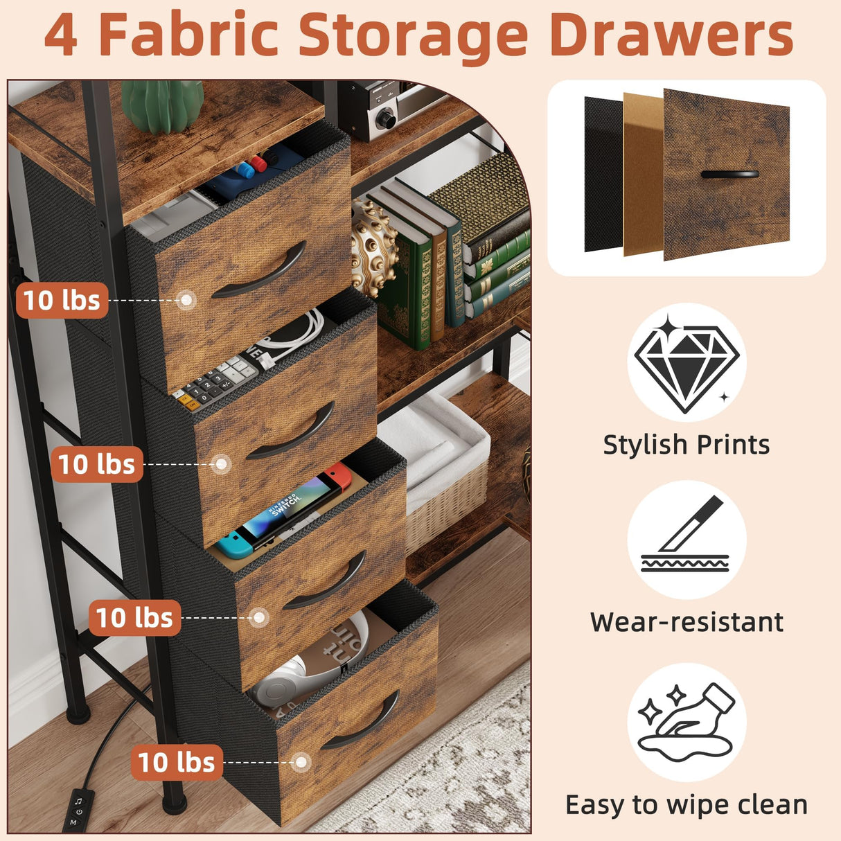 AFLUI Corner Bookshelf with LED Light Strips & 4 Fabric Drawers, 5-Tier Convertible Corner Shelf with Display Shelf, Large Wood Industrial Bookcase for Living Room, Bedroom, Home Office, Rustic Brown AFLUI