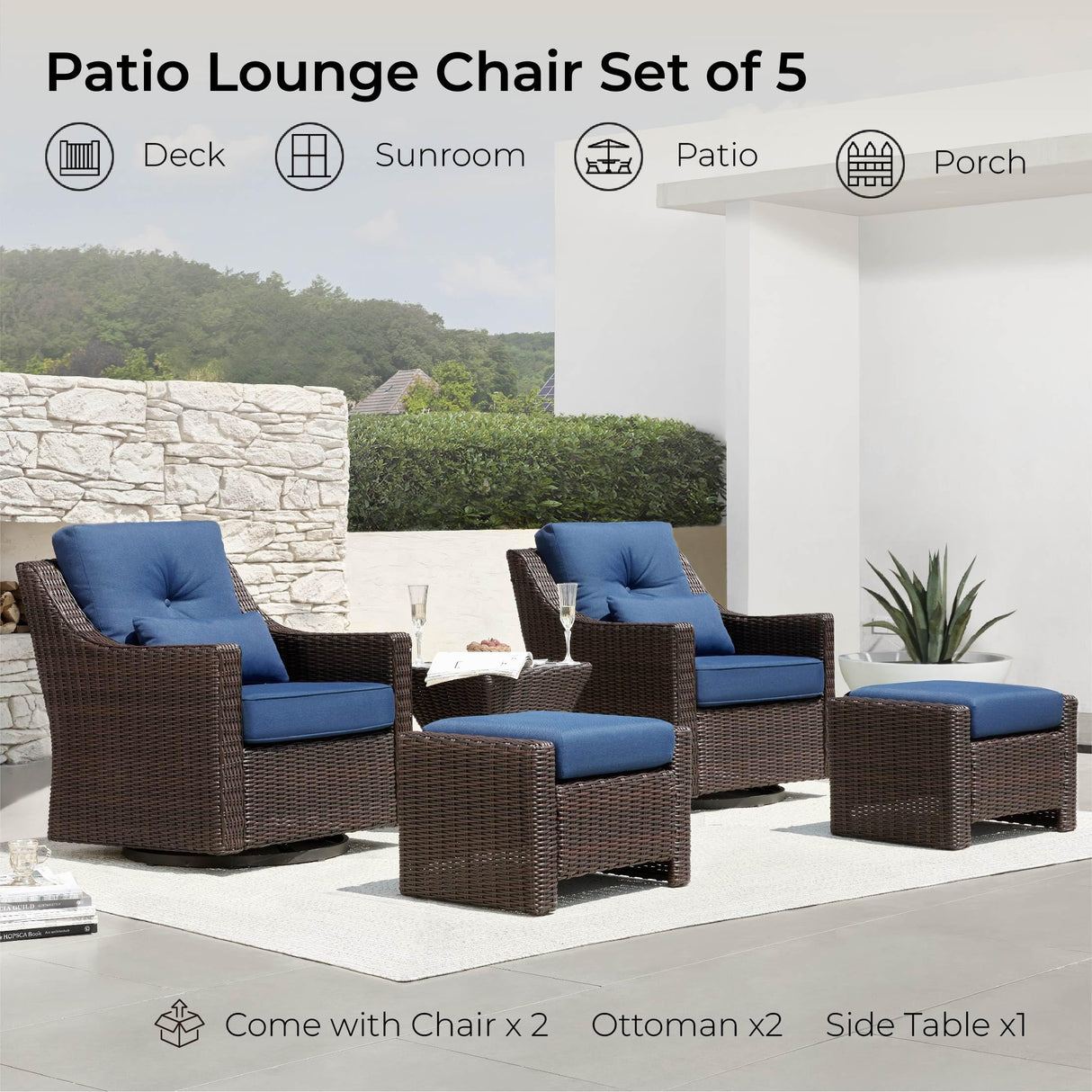 CHITA 5 Pieces Wicker Patio Furniture Set, Outdoor Conversation Set with 2 Pieces Rocking Swivel Chairs, 2 Pieces Ottomans and Side Table, Blue Cushions with Chestnut Wicker CHITA