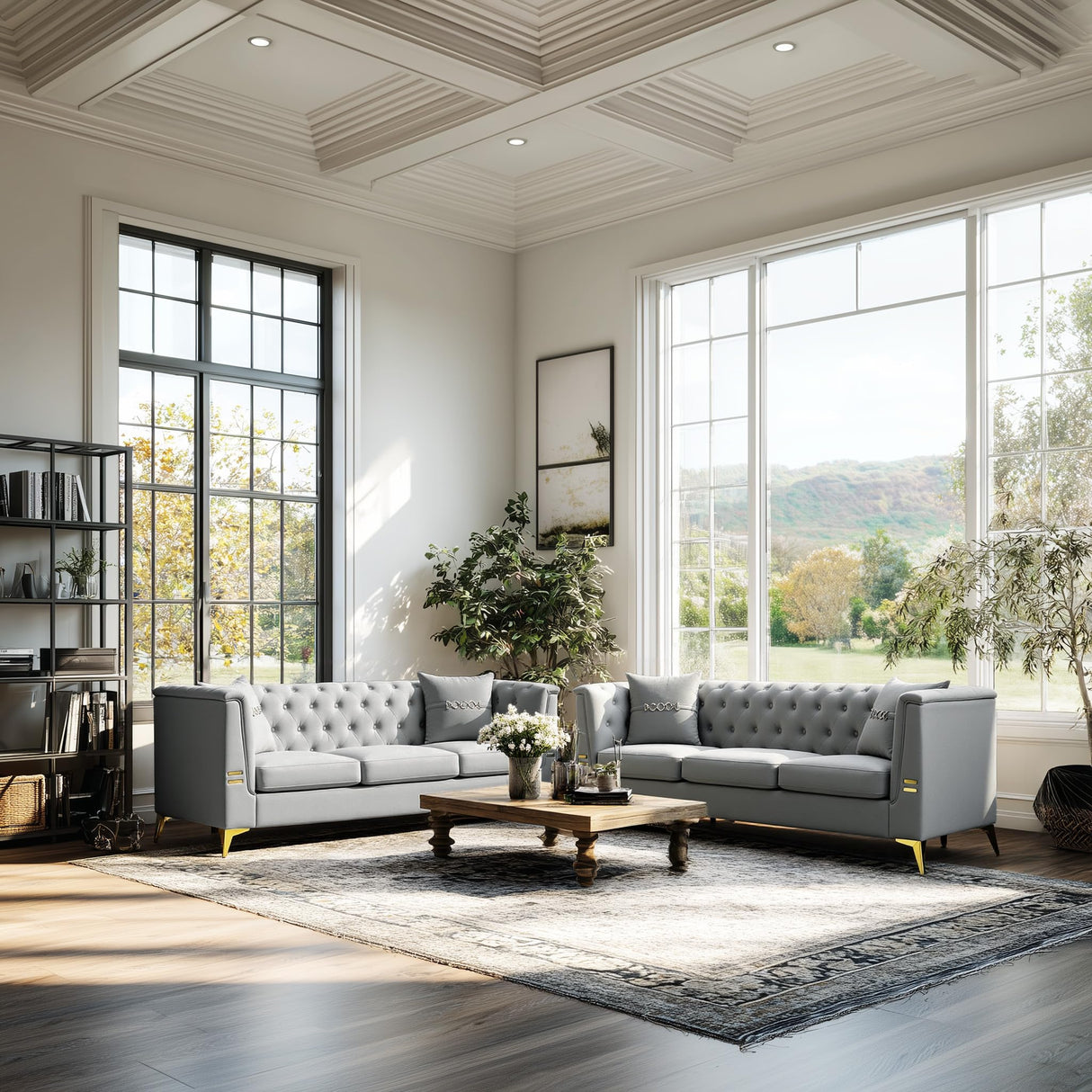 UDiaoszAM 3 Seater 82" Chesterfield Sofa, Wide and Thick Cloud Couch with Tuxedo Arm Tufted Back, Plush Velvet Fabric Sofa Comfy Couches for Living Room with Two Pillows (2, Grey) UDiaoszAM