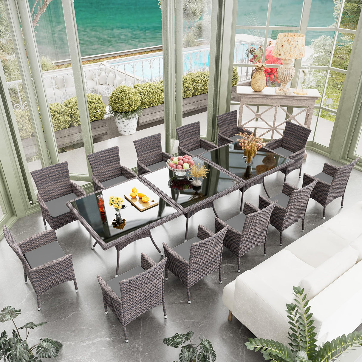 RTDTD 15 Pieces Patio Dining Set Outdoor Rattan Furniture Dinning Set with 3 Square Glass Tabletops 12 Chairs with Grey Cushions for Patio, Backyard Outdoor Kitchen Lawn & Garden RTDTD