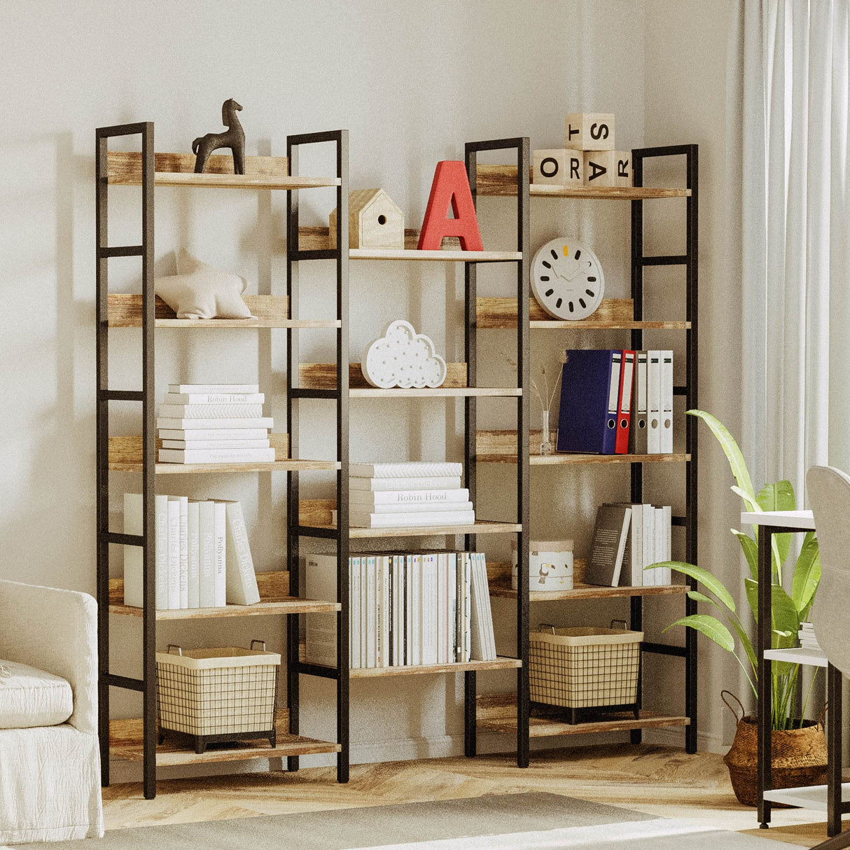 IRONCK Bookcases and Bookshelves Triple Wide 5 Tiers Industrial Bookshelf with Baffles Large Etagere Bookshelf with Metal Frame for Living Room Home Office IRONCK