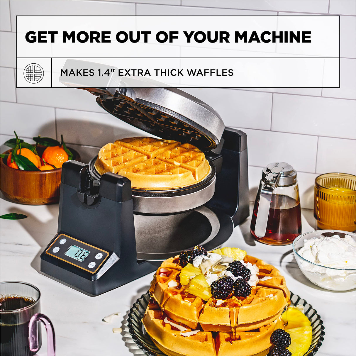 CRUX Rotating Belgian Waffle Maker with Deep Nonstick PFOA Free Plates, Digital Keto Chaffles Iron with LCD Display, Browning Control and Cord Storage, Stainless Steel Crux