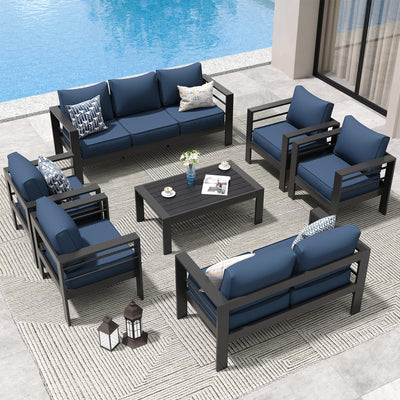 Amopatio Aluminum Patio Furniture Set, 10 Pieces Modern Patio Conversation Sets, Outdoor Sectional Metal Sofa with Coffee Table for Balcony, Garden, Dark Grey&Blue (Included Waterproof Covers)