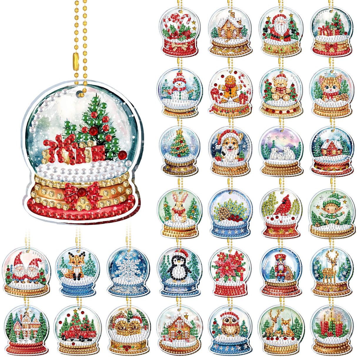 WILLBOND 30 Pcs Christmas Diamond Art Keychain Kits Double Sided Crystal Ball Diamond Painting Keychain 5d DIY Christmas Hanging Key Chains for Xmas Party Decoration DIY for Adults WILLBOND