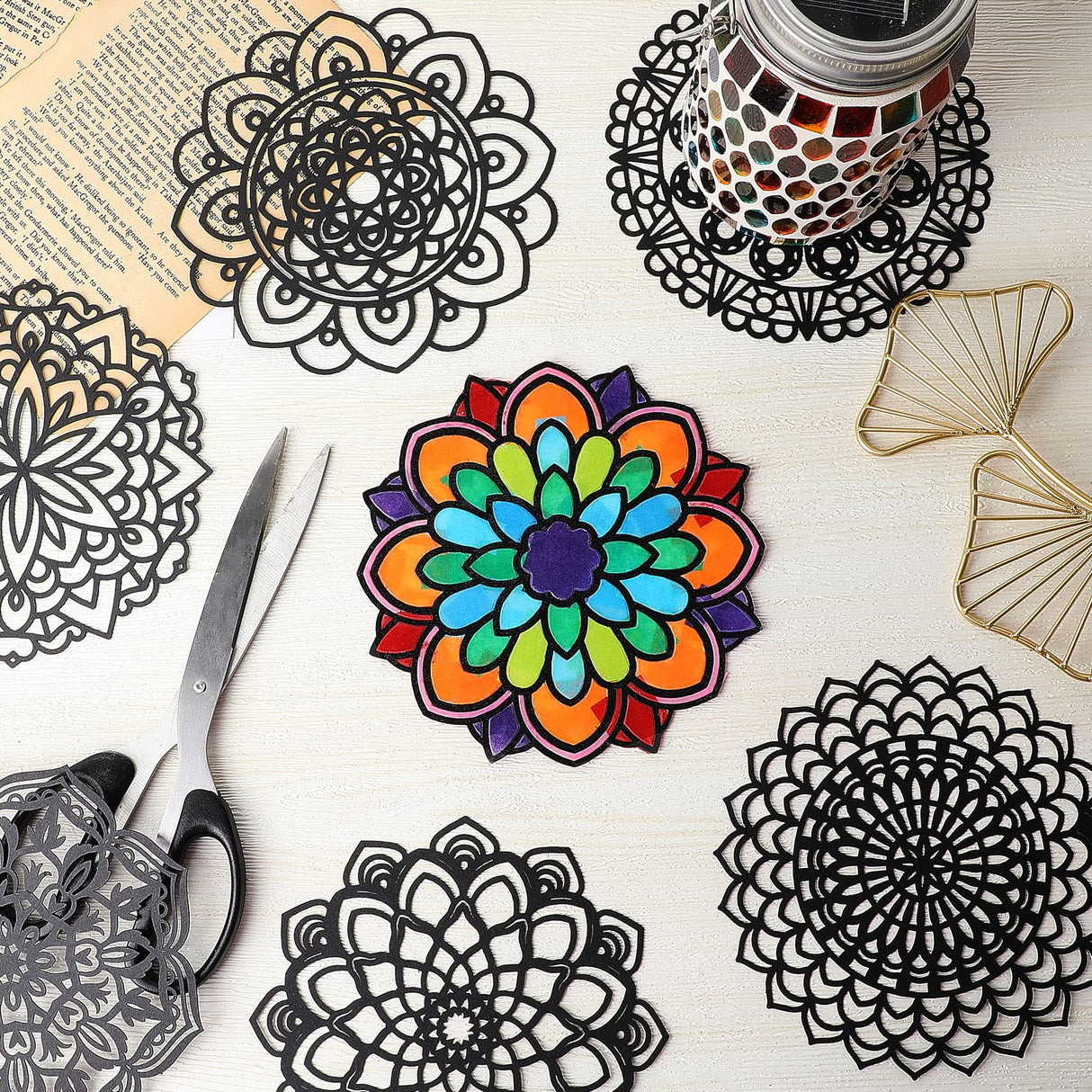 Gueevin 36 Sheet Mandala Window Clings Color Your Own Stained Glass Window Cling Arts and Crafts DIY Kit with Colorful Cotton Paper Contact Paper Crafts for Adults Kid Teen, 6 x 6 Inch Gueevin