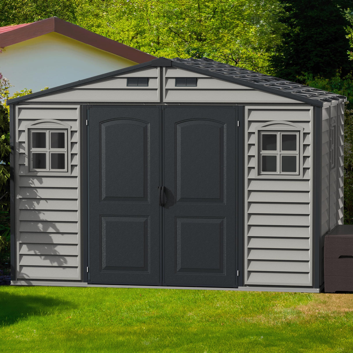 Duramax Woodside Plus 10 x 8 (8.02 m2) Plastic Garden Shed with 3 Fixed Windows & Metal Foundation Kit, Strong Metal Roof Structure Fire Retardant and Maintenance-Free Storage Shed - Dark Grey/Adobe DURAMAX