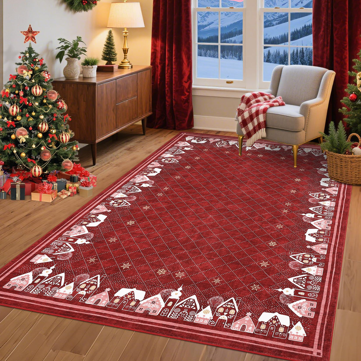 Christmas Area Rug 5x7 for Bedroom Living Room Non Slip Large Dining Room Holiday Decor Throw Carpet Washable Rugs Xmas Decoration Bordered Area Rugs Bordered Carpet for Nursery Kitchen, Red GarveeHome