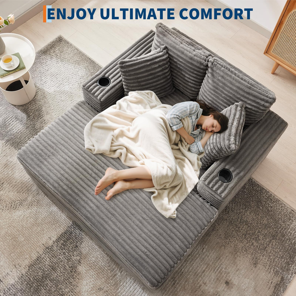 Klysiora Oversized Chaise Lounge Chair Indoor, 60 Inch Upholstered Sofa Bed with Throw Pillows and Armrests, Comfy Corduroy Sleeper Couch for Living Room, Bedroom, Office, Grey Klysiora