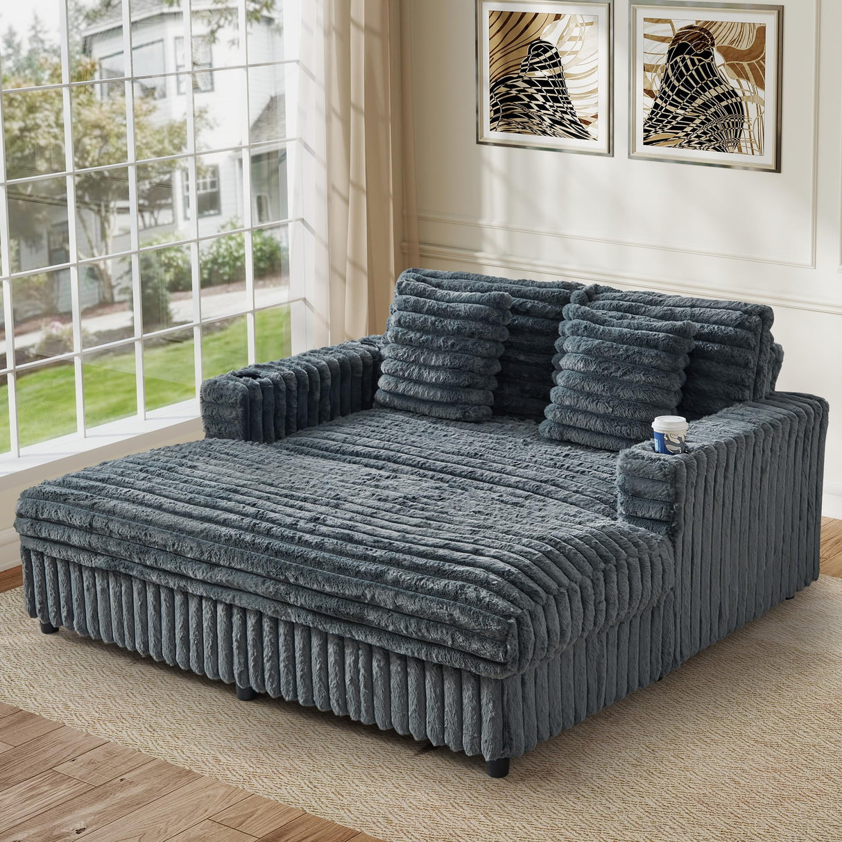 RARZOE 64'' Oversized Chaise Lounge Chair Indoor, Plush Faux Rabbit Fur Sleeper Sofa Bed with 4 Pillows, Charging Station & Cup Holders, Fluffy Comfy Cloud Couch Loveseat Sofa for Living Room,Grey RARZOE