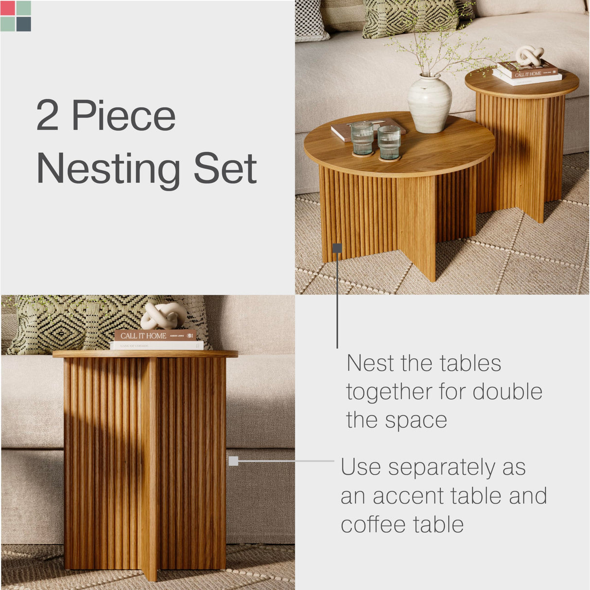 Stead Round Fluted Nesting Coffee Table - 2 Piece Coffee Table Set - Living Room Furniture - Modern Home Decor - Solid Wood Base and Wood Grain Veneer Top (Medium Oak) - Living Room Furniture Sets Stead