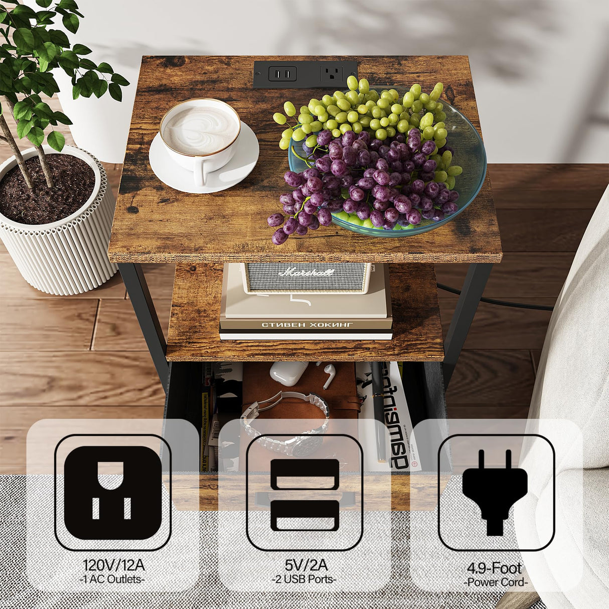 TUTOTAK End Table with Charging Station, Side Table with 2 USB Ports and Outlets, Nightstand with Cloth Drawer, Set of 2, Couch Table, Brown TB01BB052 TUTOTAK
