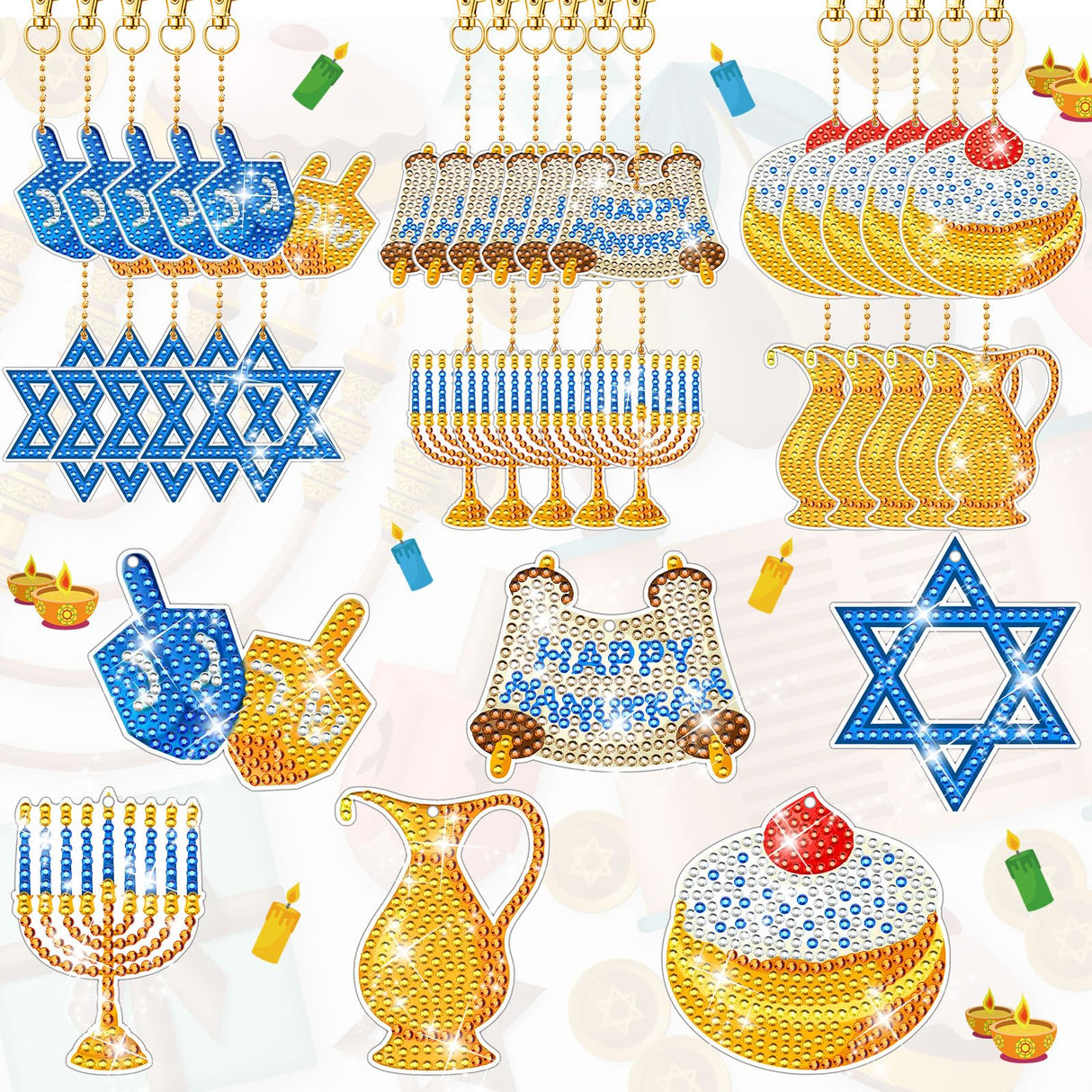 DEEKIN 30 Pcs Hanukkah Diamond Painting Keychains Hanukkah Crafts Ornaments Keychains Double Sided 5D Star Menorah Diamond Key Rings for Hanukkah DIY Birthday Party Supplies Favors Deekin