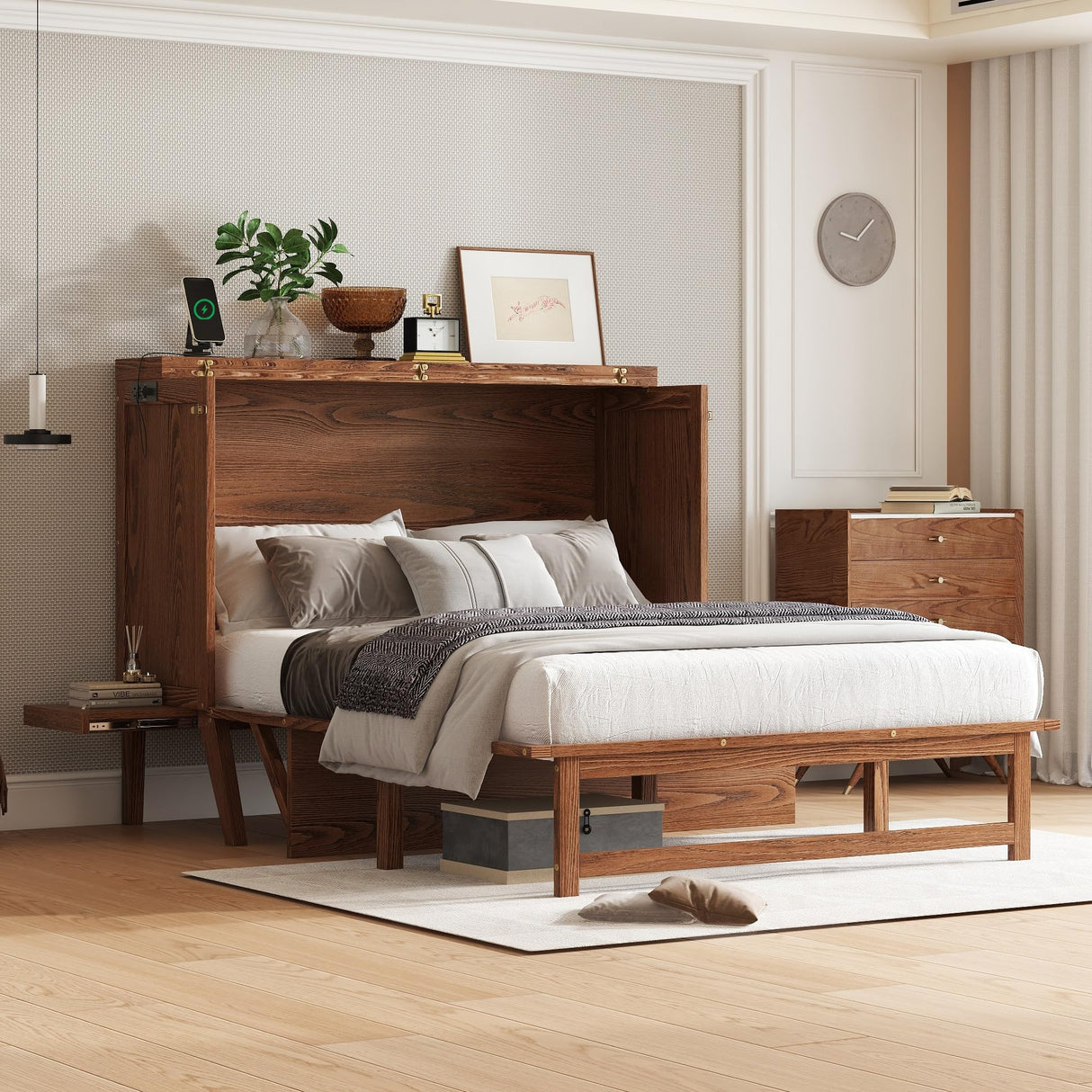 LUMISOL Full Size Cabinet Murphy Bed with USB Port and Removable Shelves on Each Side, Solid Pine Wood Murphy Cabinet Bed for Home Office Guest Room, Walnut LUMISOL